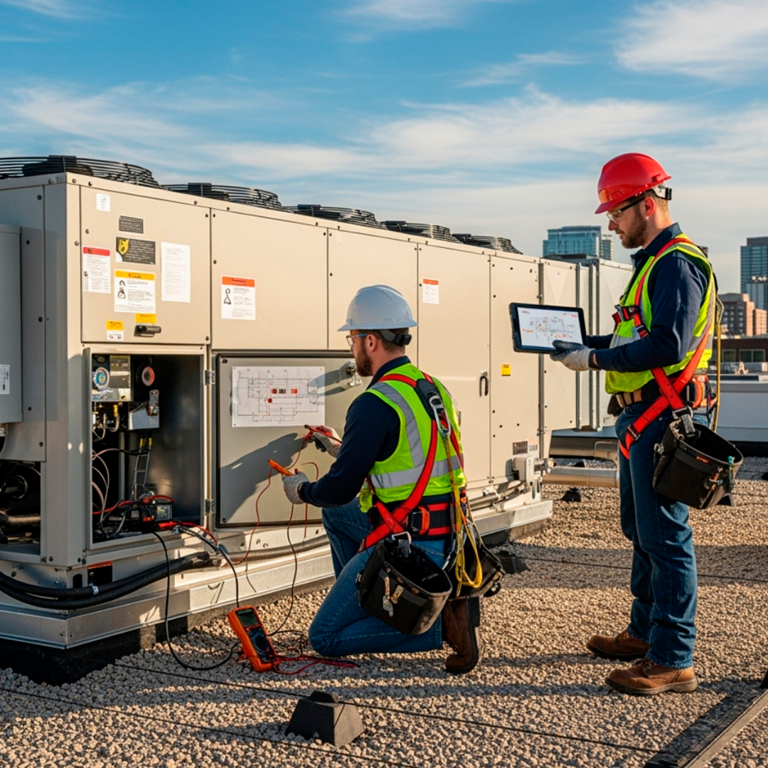 Equipe técnica em instalação de equipamento HVAC